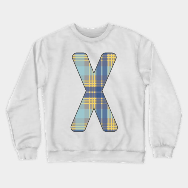 Monogram Letter X, Blue, Yellow and Grey Scottish Tartan Style Typography Design Crewneck Sweatshirt by MacPean